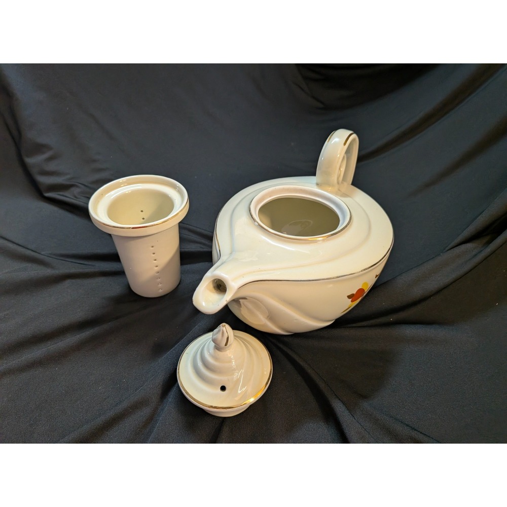 Vintage Hall China Autumn Leaf Aladdin Teapot Jewel Tea 3 Pc Set Lid Infuser - Picture 9 of 11